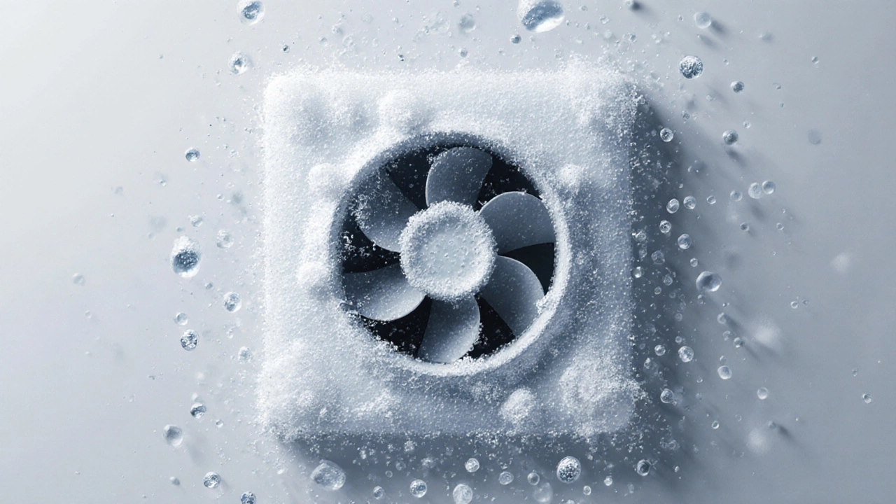 Bathroom extractor fan with condensation and soap residue accumulating inside.