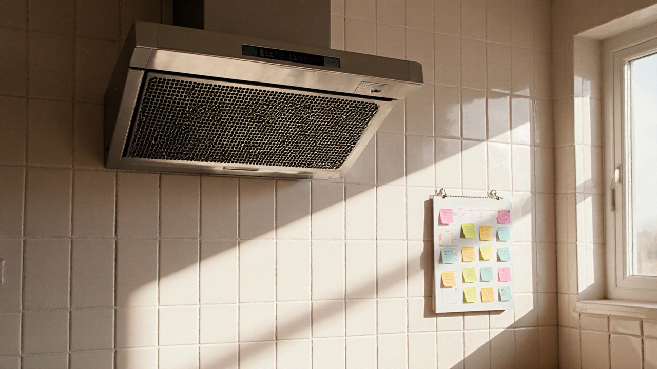 Clean kitchen fan glowing under sunlight with a calendar showing maintenance check marks.