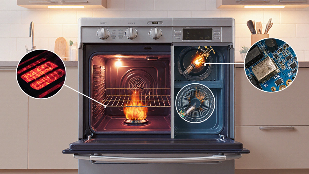 Cutaway illustration showing five common oven failures: heating element, thermostat, ignition, door seal, control board.