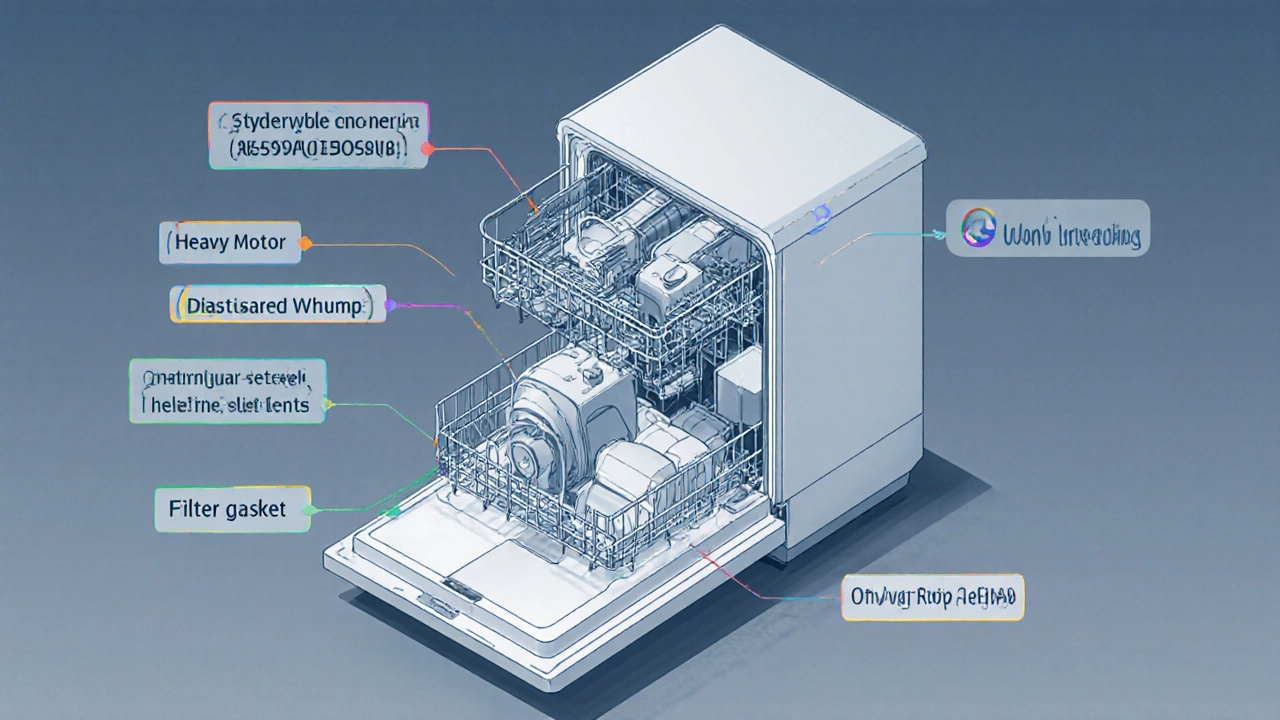 Cutaway view highlighting dishwasher motor, pump, heating element and other parts.
