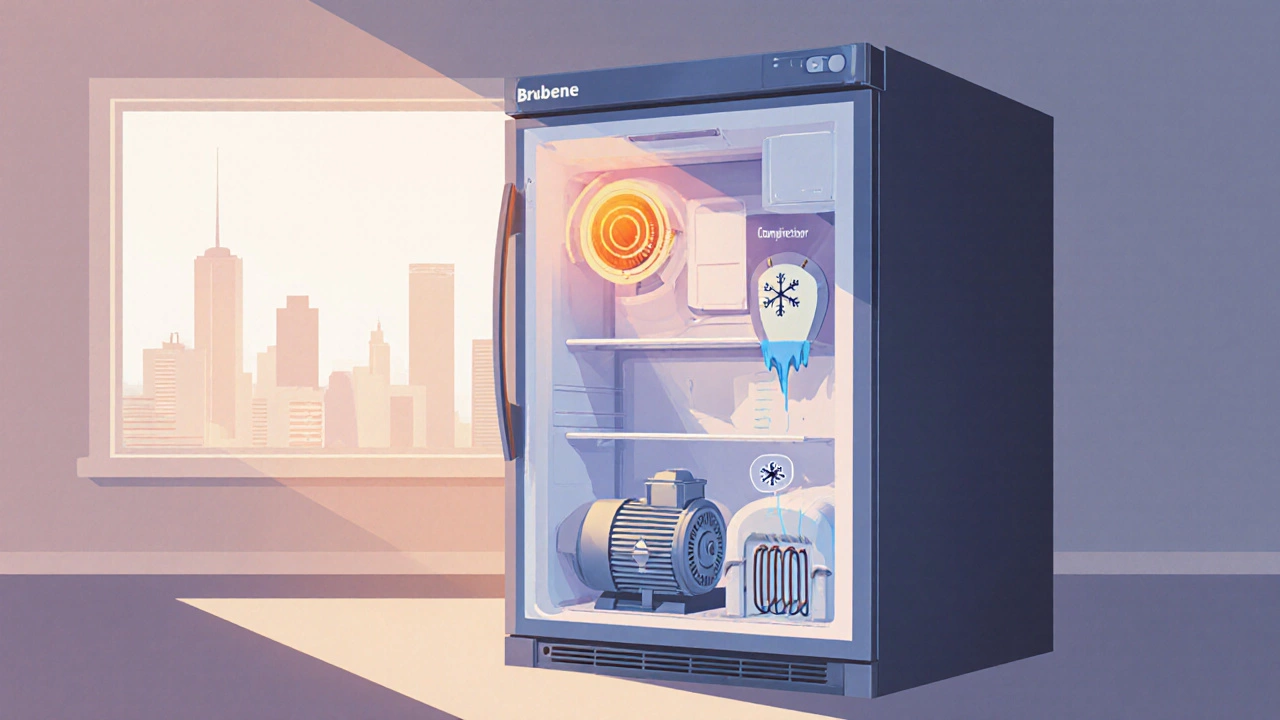 Cutaway view of a fridge showing thermostat, gasket, compressor, and defrost heater issues.
