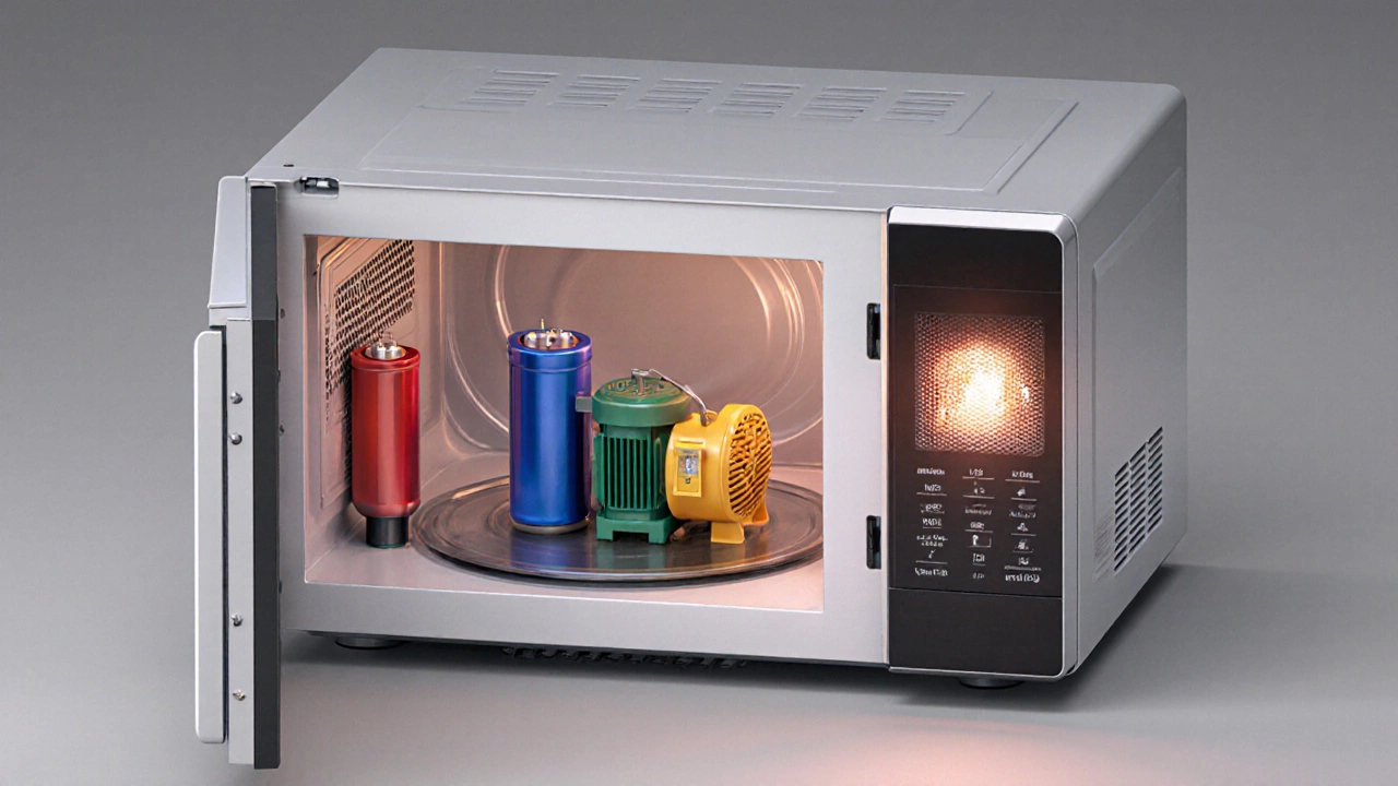 Cutaway view of a microwave revealing magnetron, capacitor, transformer, turntable motor, and door interlock.