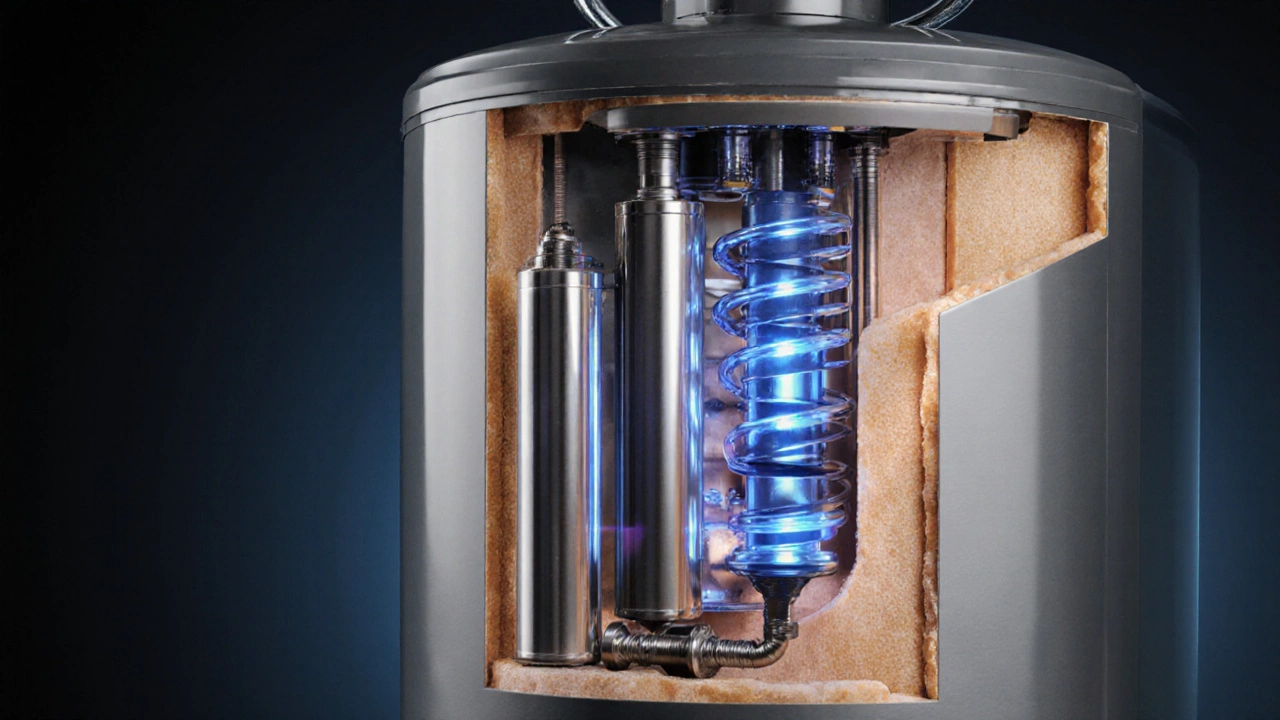 Cutaway view of a water heater showing a titanium‑coated heat exchanger, anode rod, and insulated tank interior.
