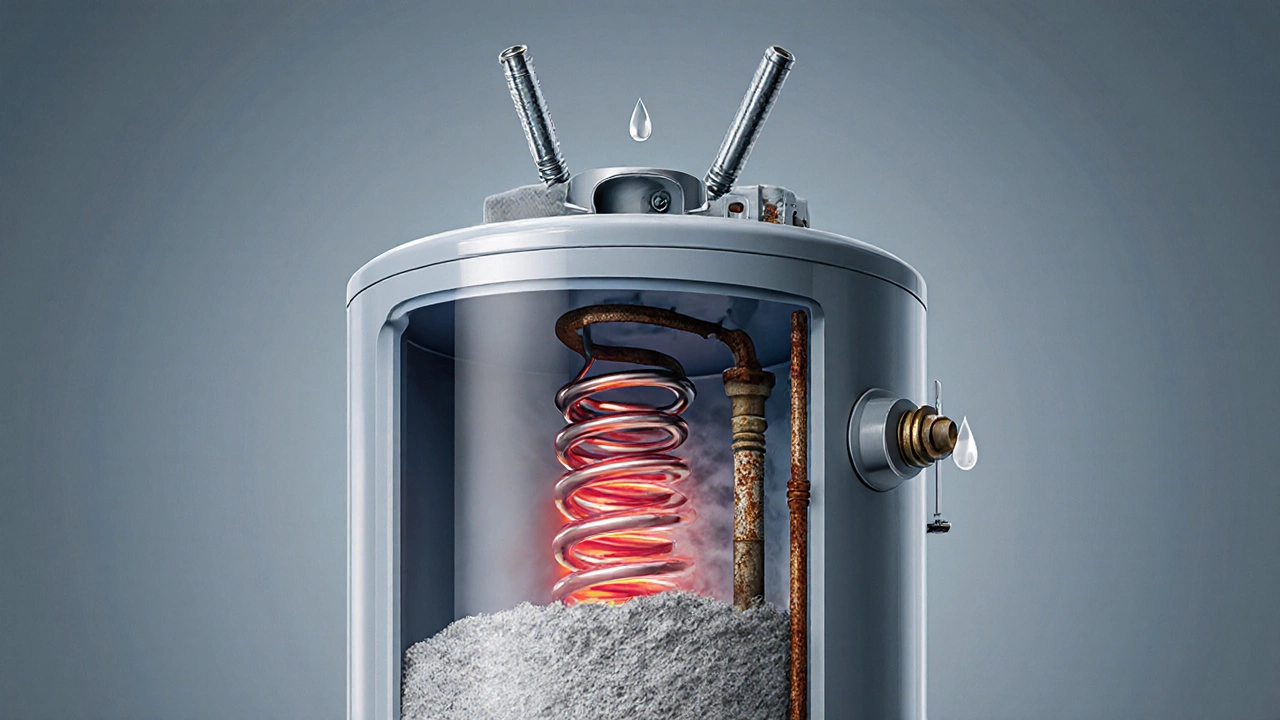 Cutaway view of a water heater showing sediment, corroded dip tube, and leaking valve.
