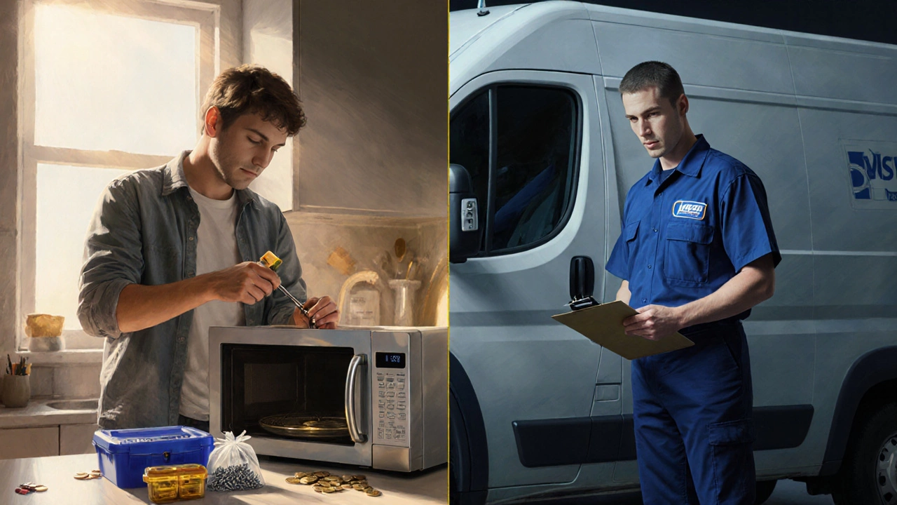 DIY homeowner and professional technician repairing a microwave side by side.