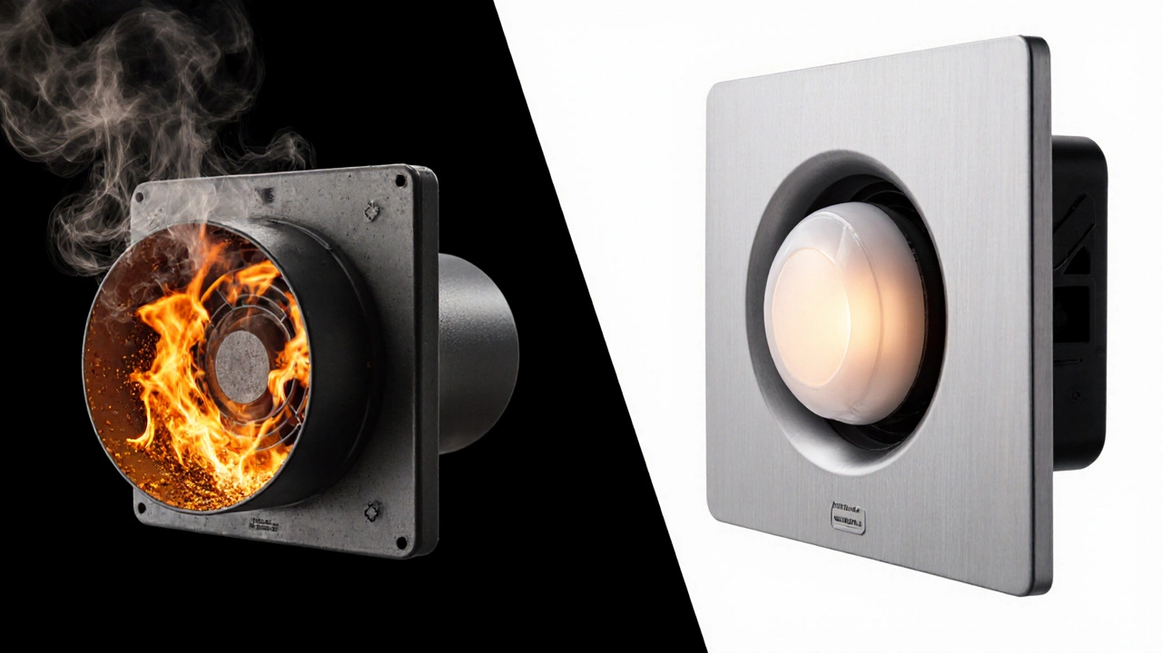 Grease fire risk in a dirty extractor fan contrasted with a clean modern replacement.