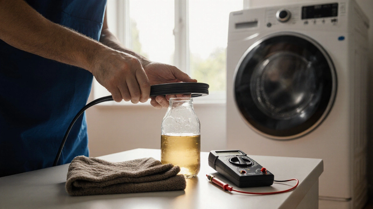 Hand holding new door seal and vinegar rag beside a running washing machine.