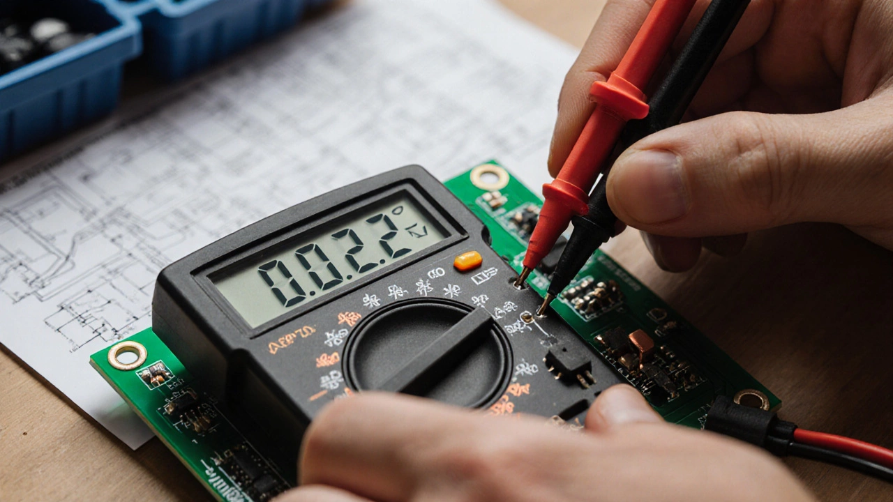 Hand using a multimeter to test a control board&#039;s contacts.