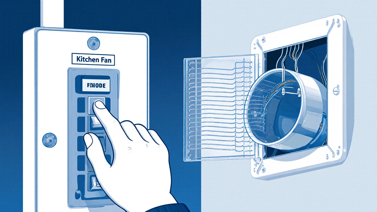 Hands flipping a breaker while a cutaway view shows a fan grille removed and a blocked duct.