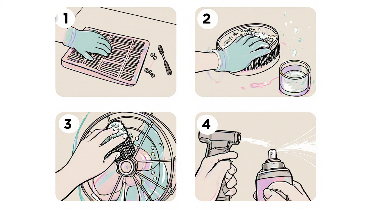 Illustrated sequence showing tools, unscrewing the fan grille, cleaning blade, and lubricating bearings.