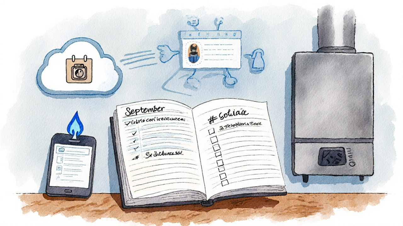 Illustration of a maintenance log, calendar, cloud icon, and gas boiler showing organized record‑keeping.