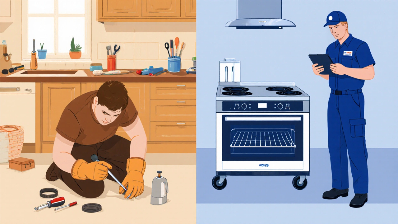 Illustration showing a homeowner fixing an oven element beside a technician servicing an oven.