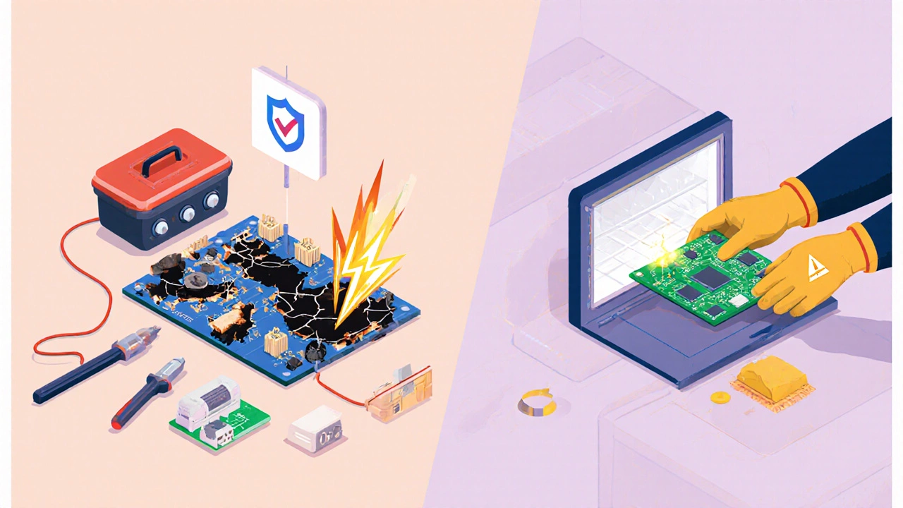 Isometric illustration showing a burnt control board versus a new board with safety tools.