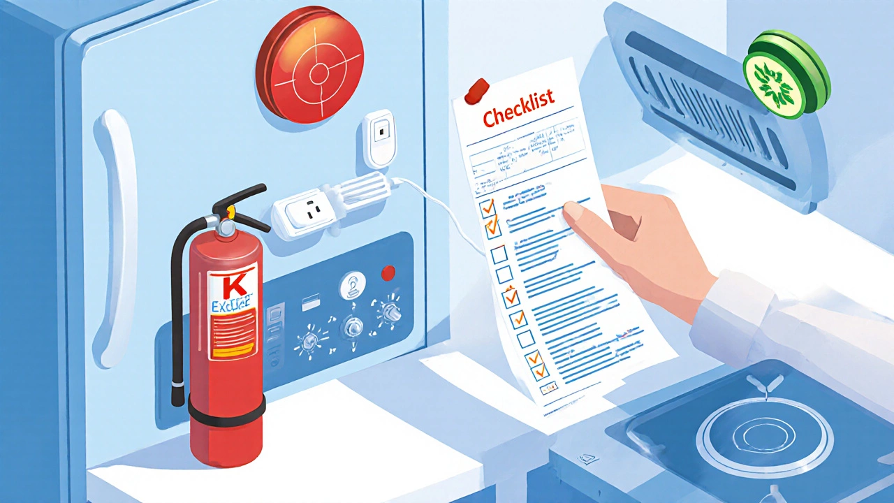 Kitchen scene displaying fire extinguisher, timer knob, smart plug, and checklist items.