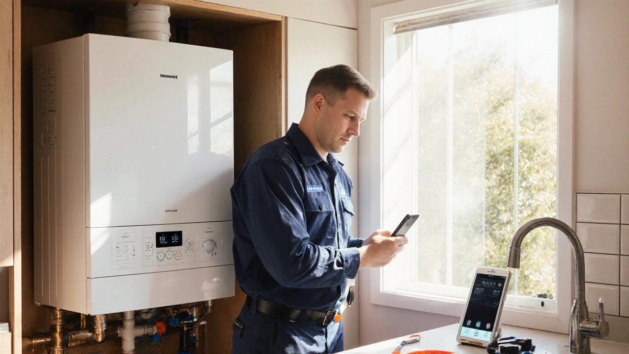 Modern boiler being installed by a licensed plumber with smart thermostat visible.
