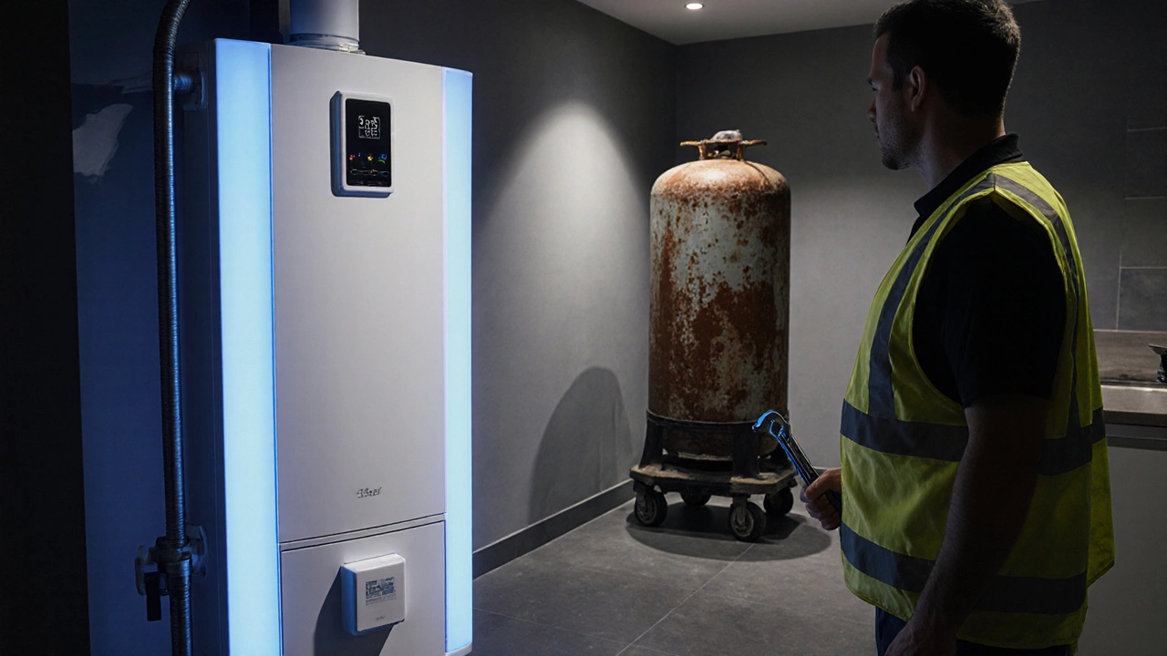 New sleek water heater being installed, with old tank removed, highlighted by dramatic lighting.