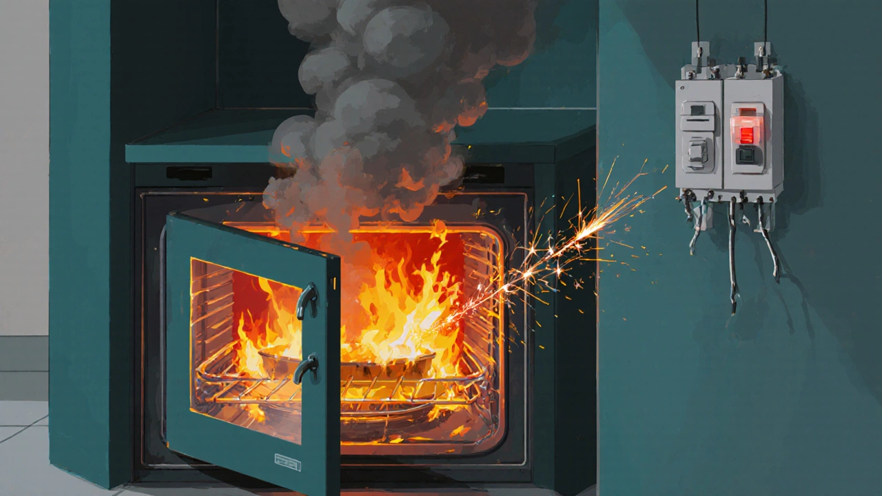 Overheating oven element igniting grease, sparks and smoke near circuit breaker.