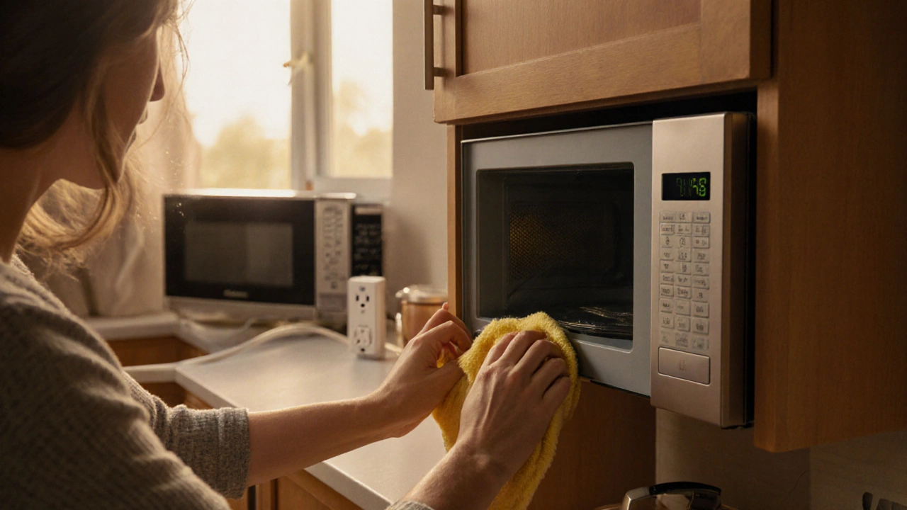 Person cleaning a microwave interior, checking door seal, with a surge protector and a new sleek microwave nearby.