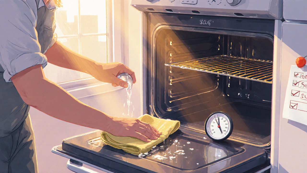 Person cleans oven interior, checks door gasket, and uses a thermometer for maintenance.