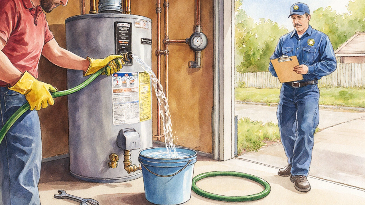 Person flushing a water heater with a hose while a plumber watches.