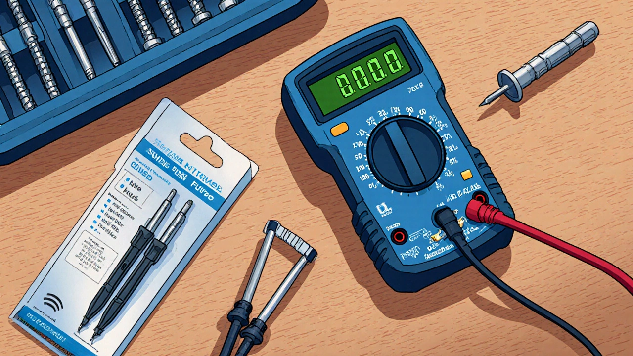 Person testing a microwave fuse with a multimeter on a workbench.