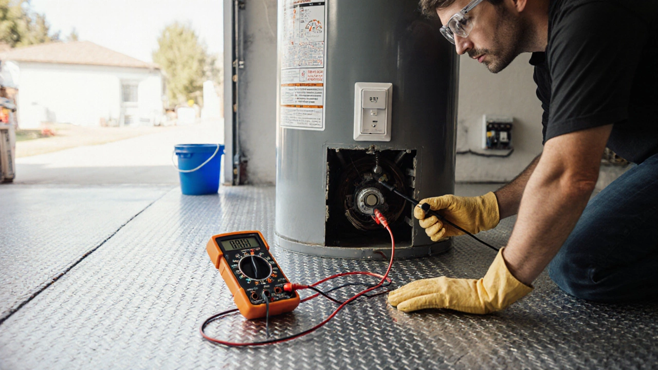 Person with safety gear testing heater element using a multimeter beside a drained tank.