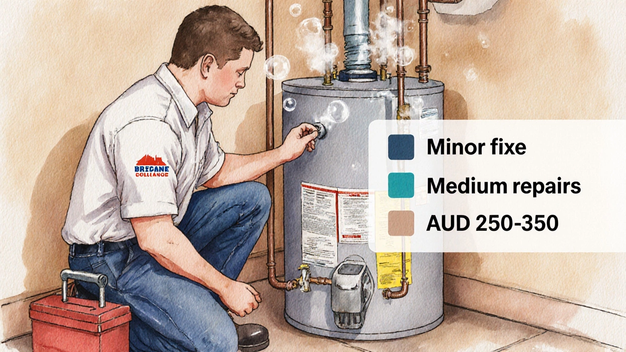 Plumber inspecting a water heater with visible corrosion and a thermostat, watercolor style.