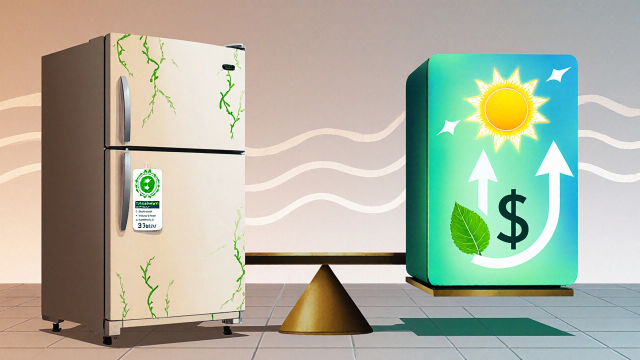 Scale balancing an older 3‑star fridge against a new 5‑star energy‑star model.