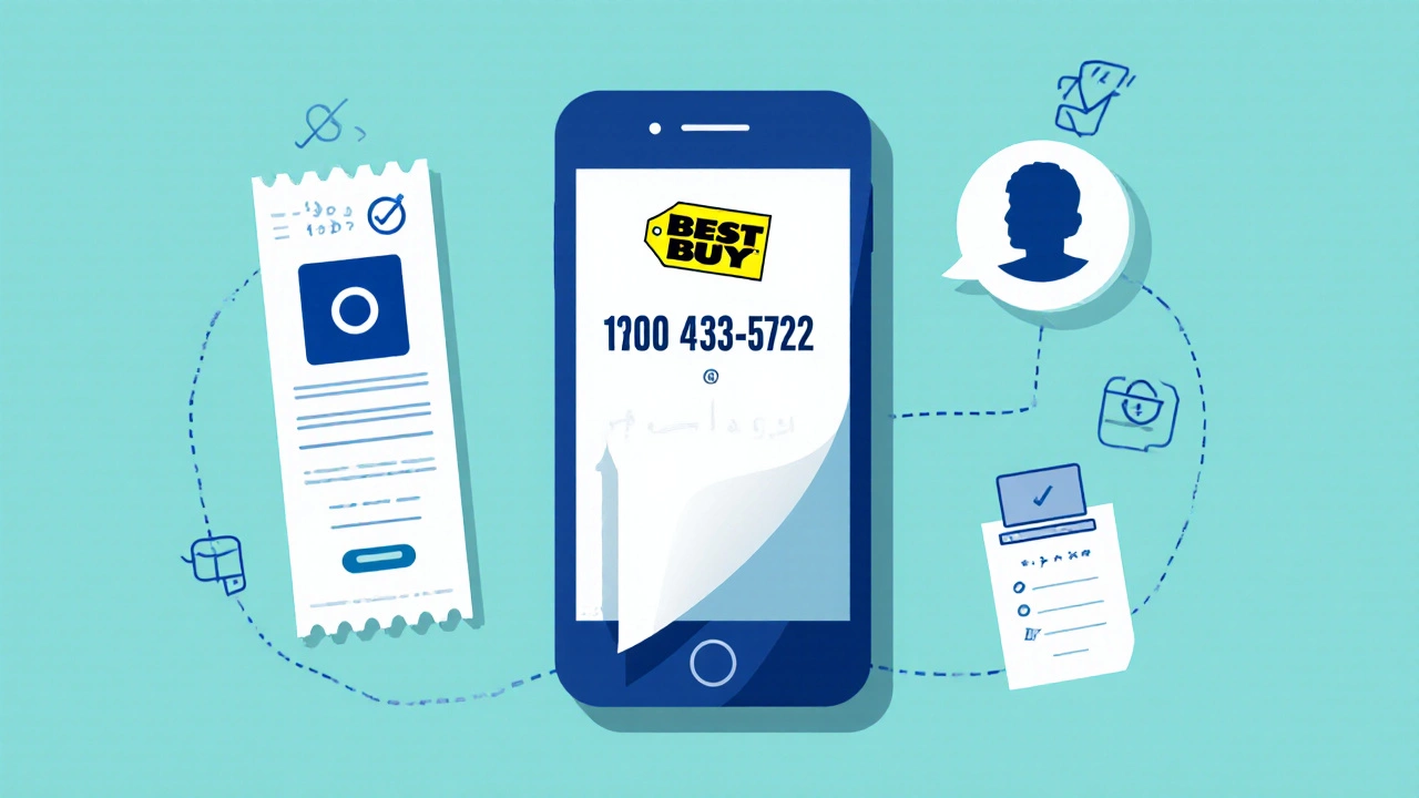Smartphone shows the free Australian Geek Squad number with a receipt and step icons.