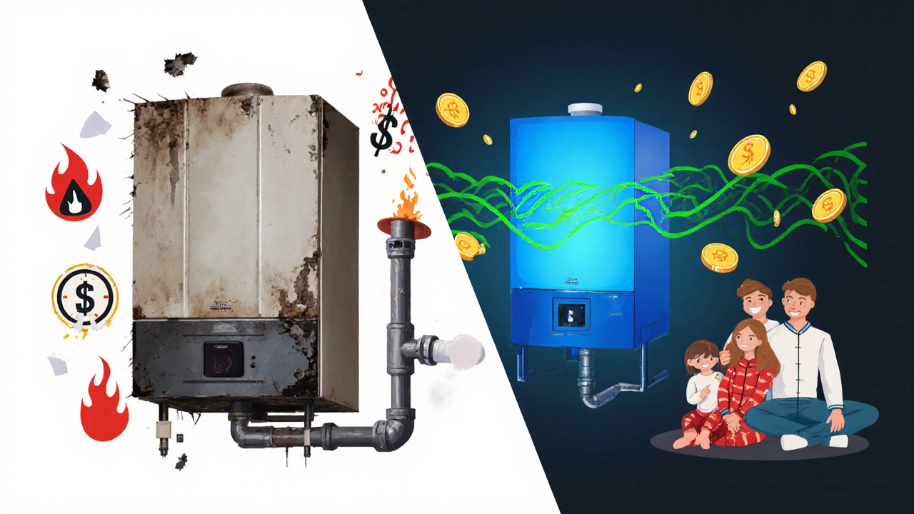Split-screen: aging boiler with warnings vs. new efficient boiler with energy savings.
