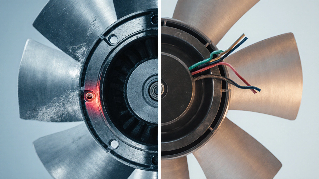 Split view of a motor with worn bearings on one side and a cleaned, smooth motor on the other.