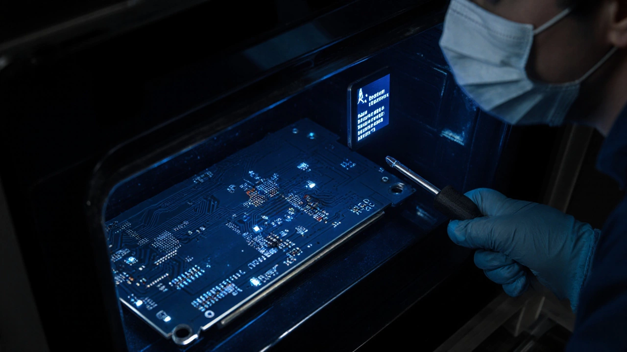Technician examines a digital oven control board with error code and burnt traces.