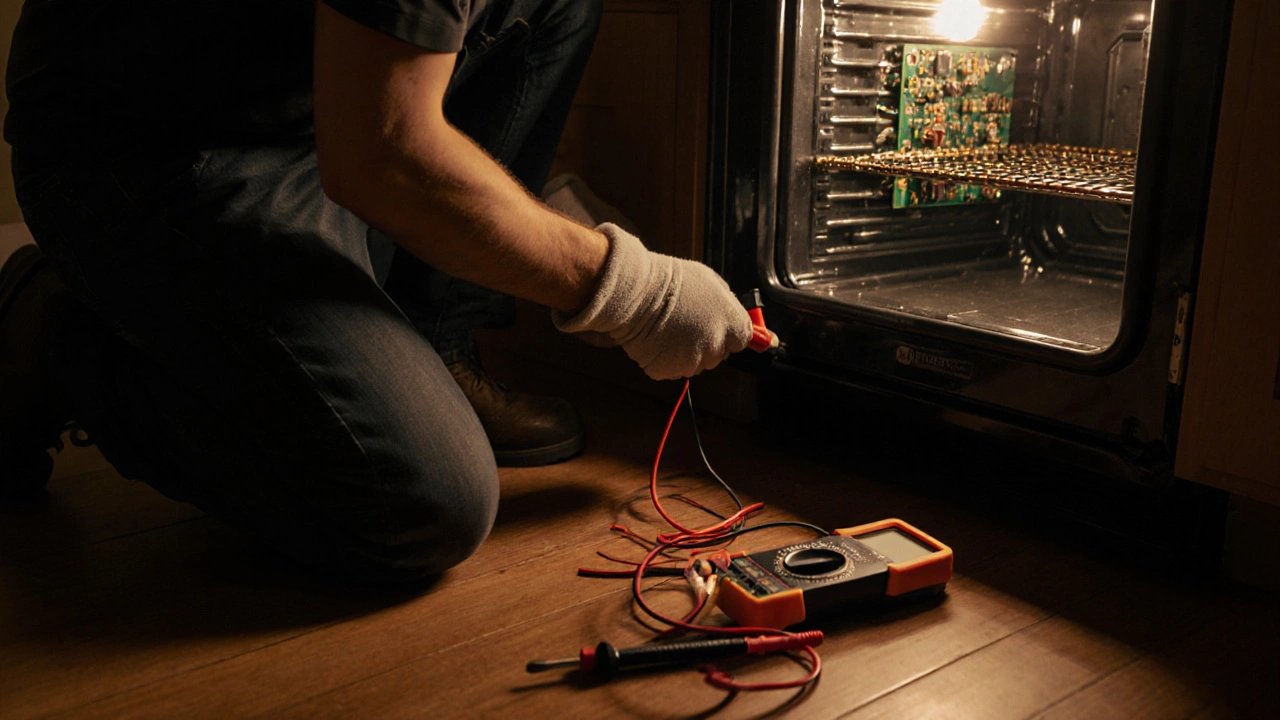 Technician in gloves testing an oven control board with a multimeter after removing the back panel.
