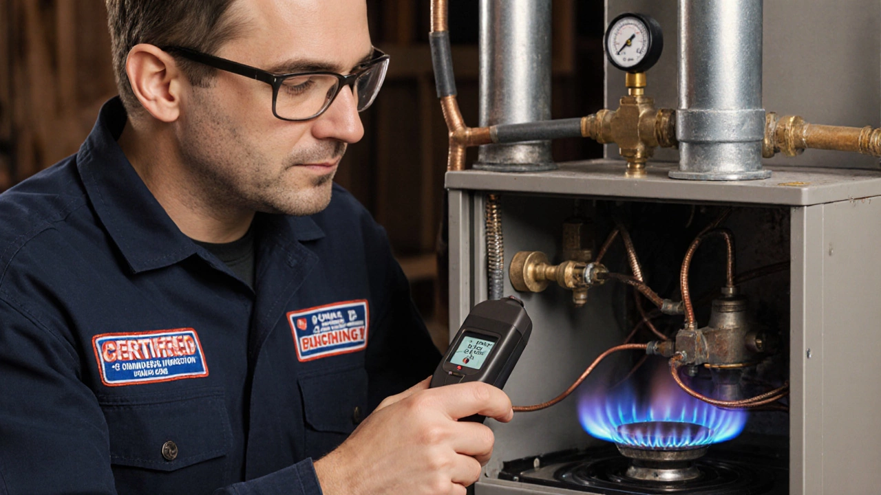 Technician inspecting a furnace burner with a blue flame and gas detector in hand.