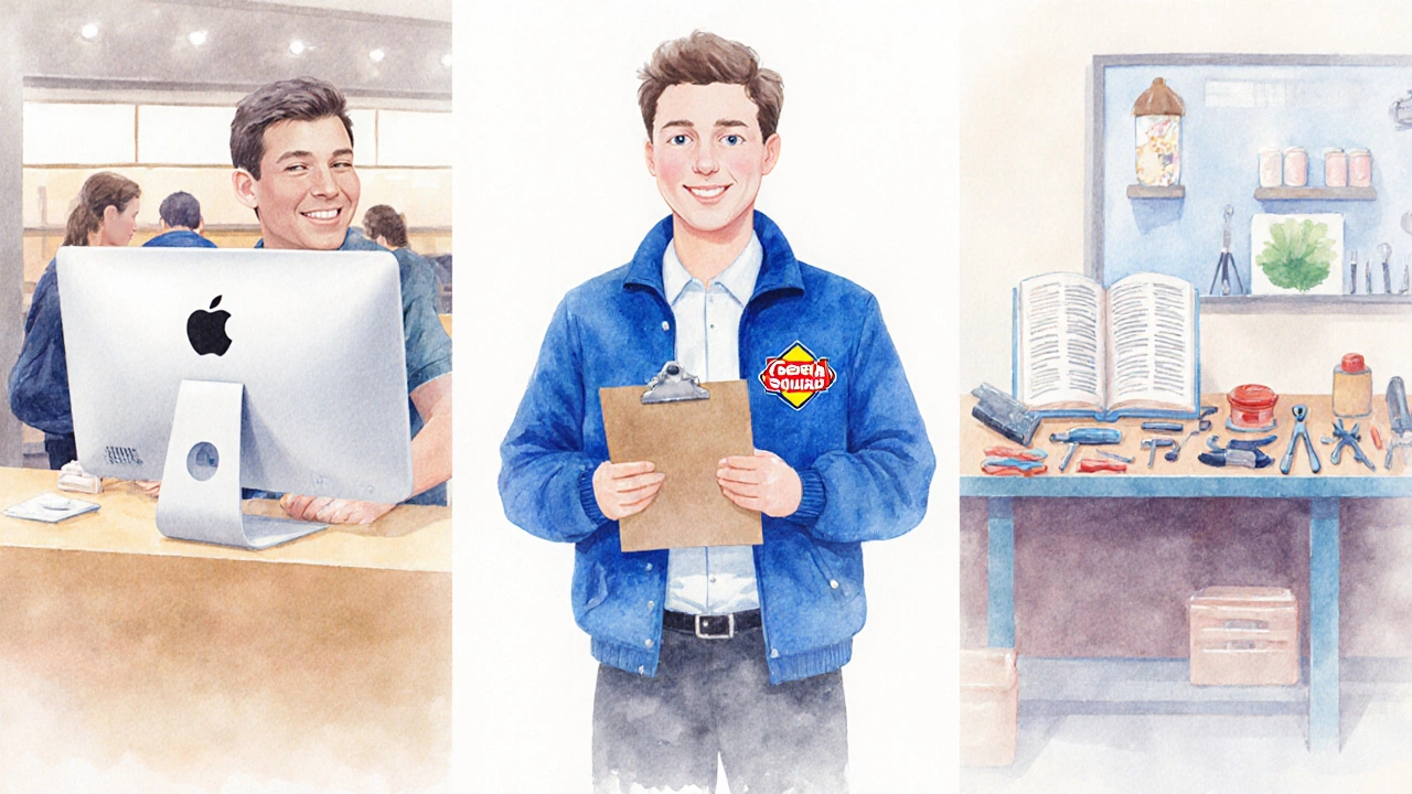 Three support options: Apple store, Geek Squad, and local repair shop in watercolor style.