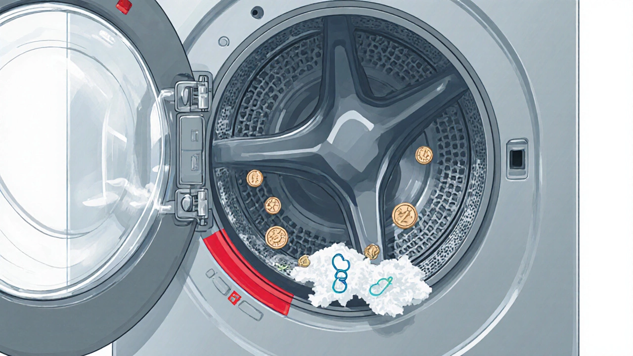 Transparent washing machine showing broken belt and lid switch with debris falling out.