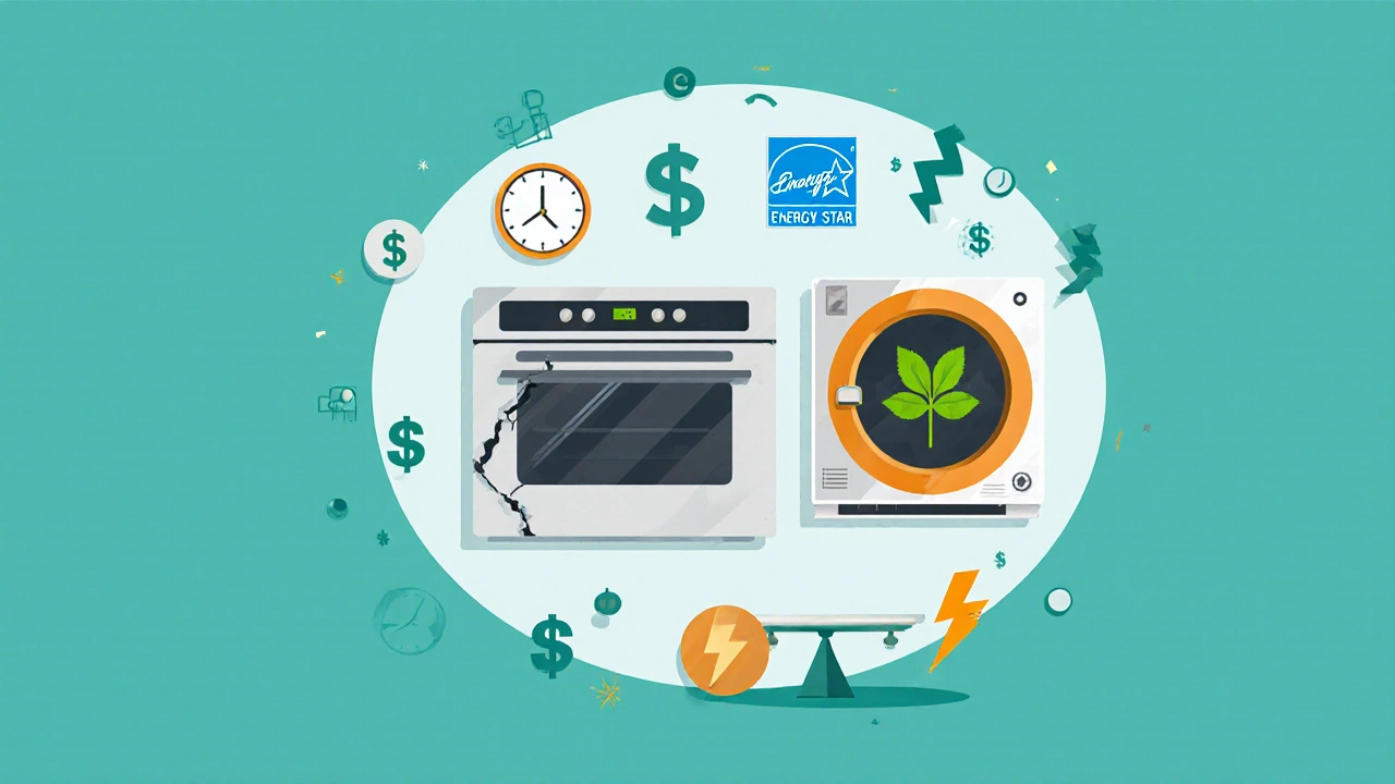 Vector icons of an old oven, a new energy‑efficient oven, and symbols for cost, time, and energy.