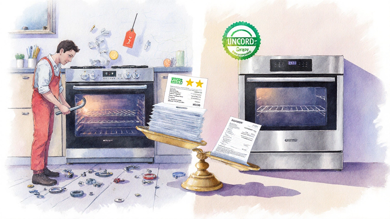 Watercolor scene of two paths: one with a repaired oven, the other with a new energy‑rated oven on scales.