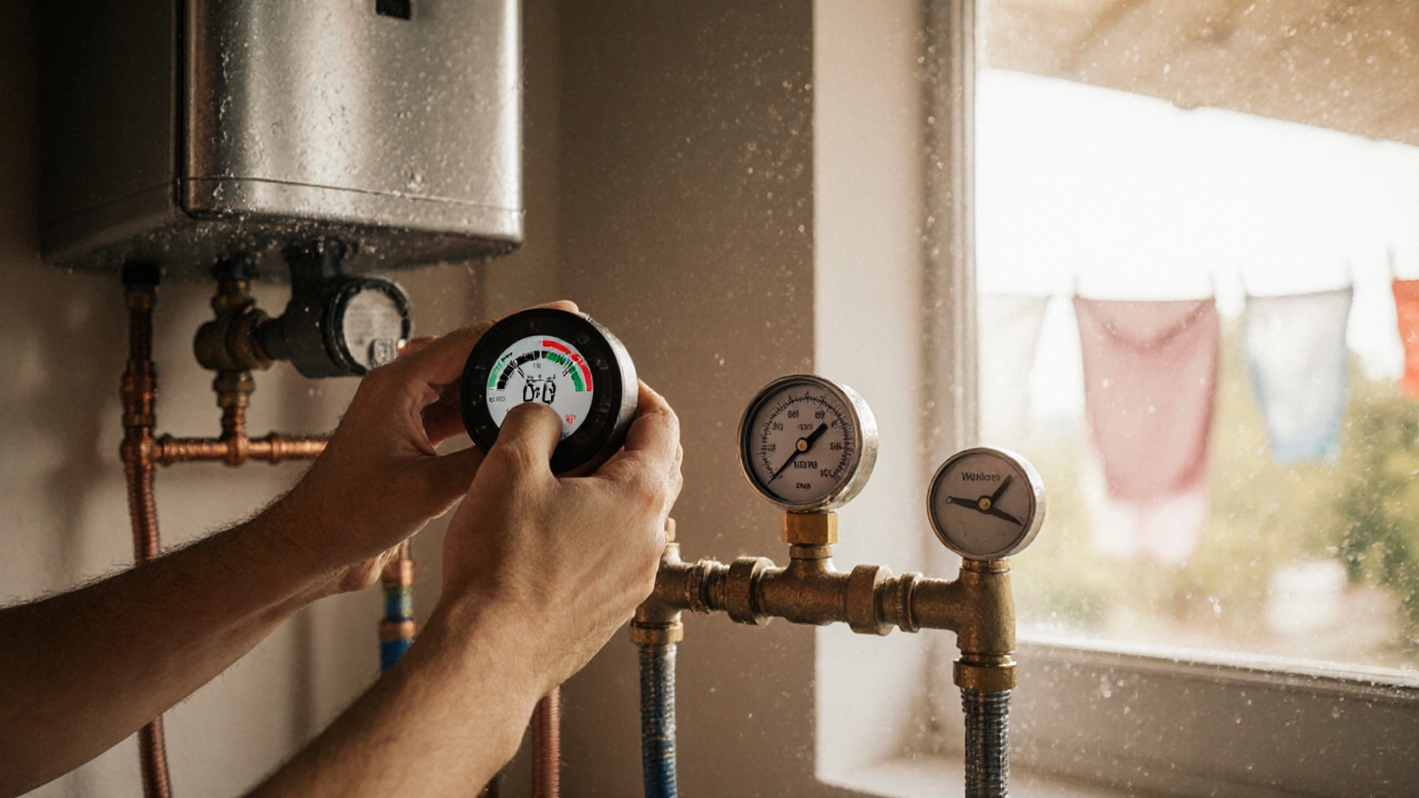 A person checking a water heater thermostat while a pressure gauge shows high readings.