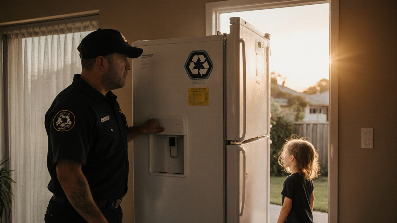 A technician removing an old fridge as a new one is delivered, with a child watching safely.