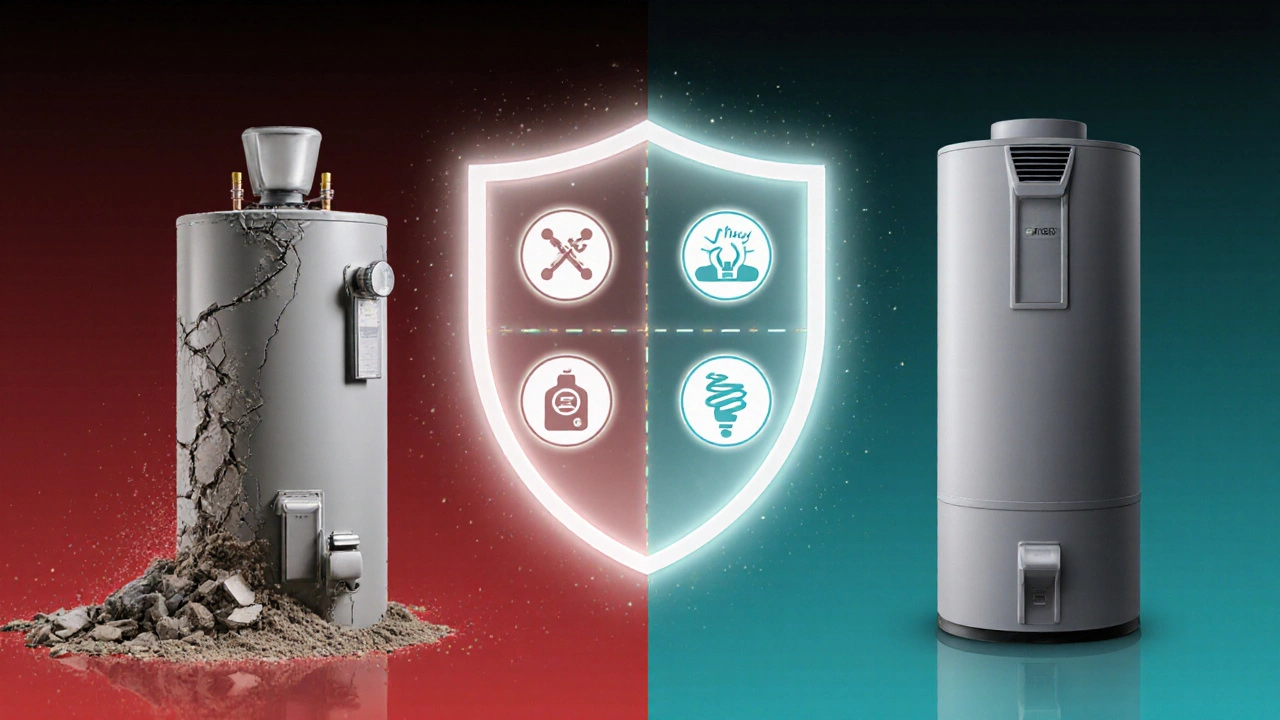 A water heater protected by maintenance actions, contrasting with a failing unit and efficient replacement.