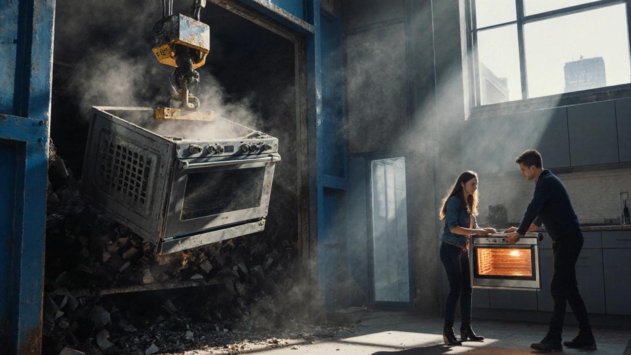 An old oven being recycled at a waste facility while a new one is installed in a home.
