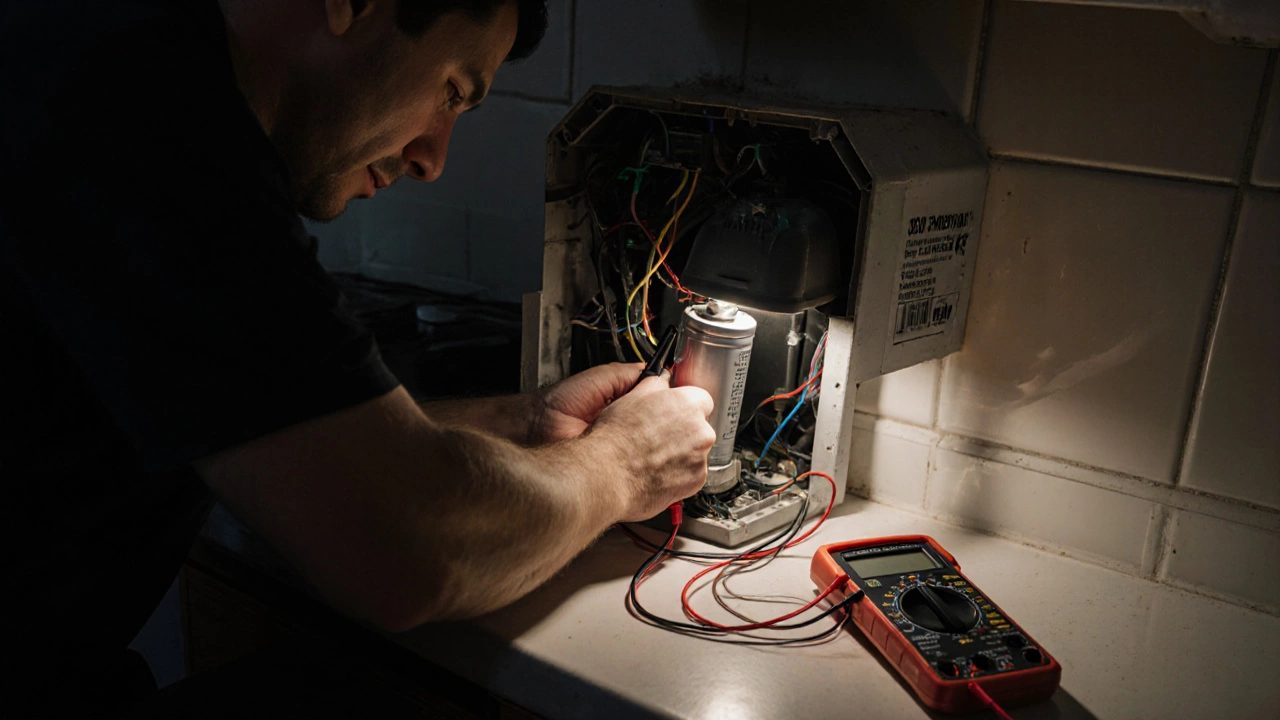Electrician replacing a capacitor inside a bathroom extractor fan.