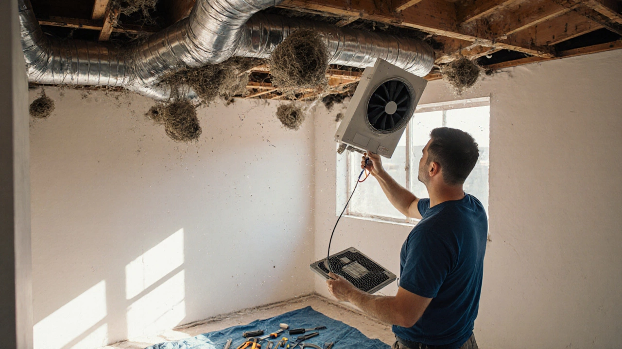 Exposed ductwork blocked by insulation and nests during a ceiling repair.