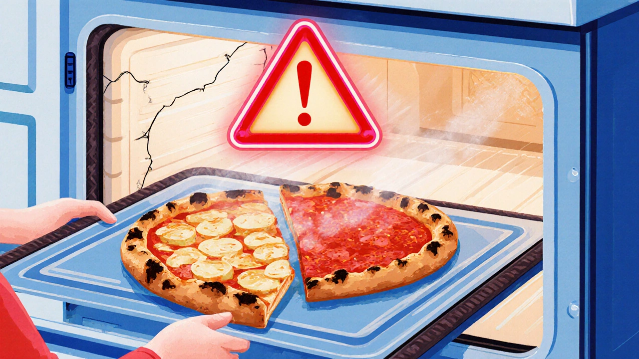 Family opening oven to find one side of pizza burnt and the other raw, with damaged door seal.