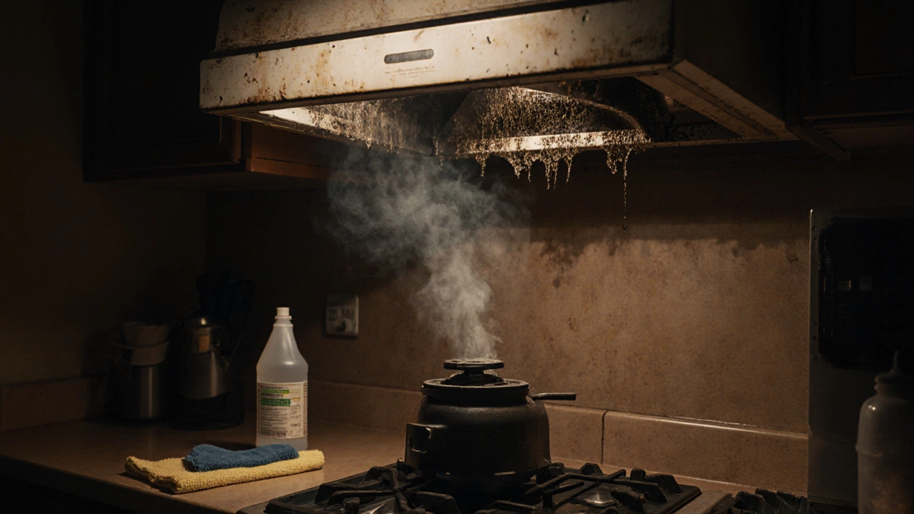 Grease-clogged kitchen extractor hood with smoke lingering above a stove.