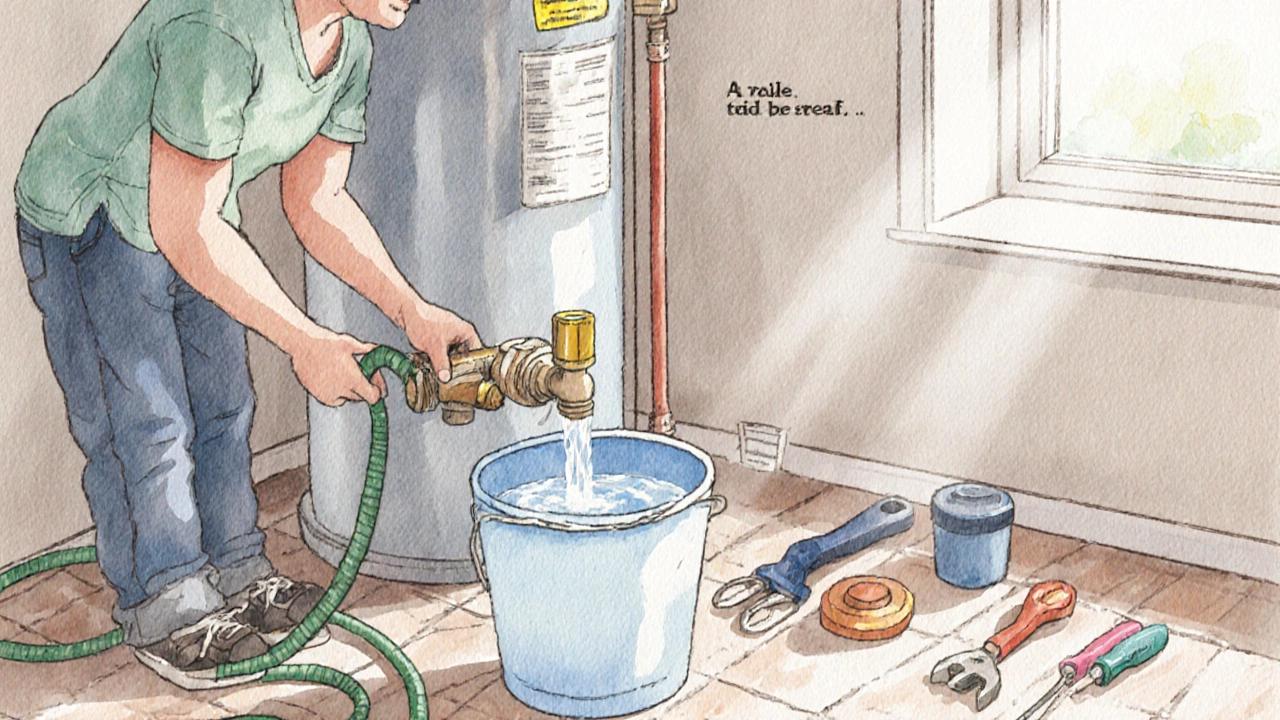 Homeowner flushing a water heater with a garden hose in a well-lit utility area.