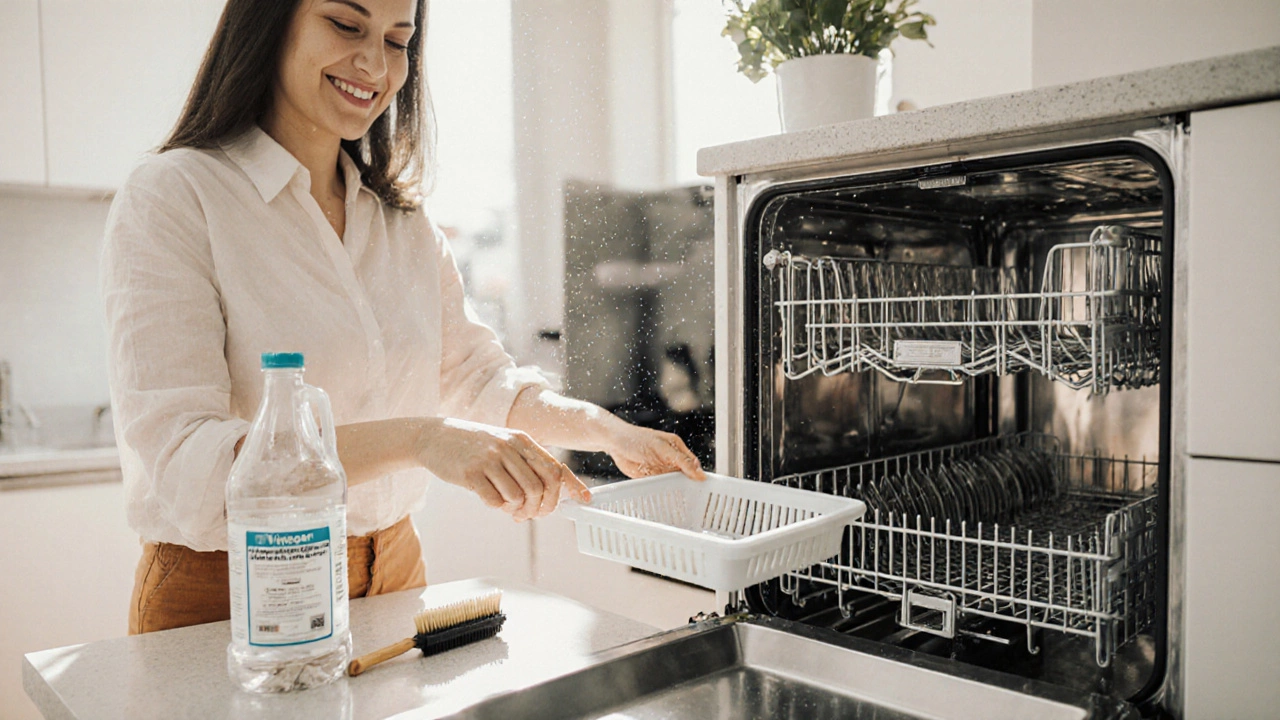 Homeowner holding a clean dishwasher filter beside an old but well-maintained appliance.