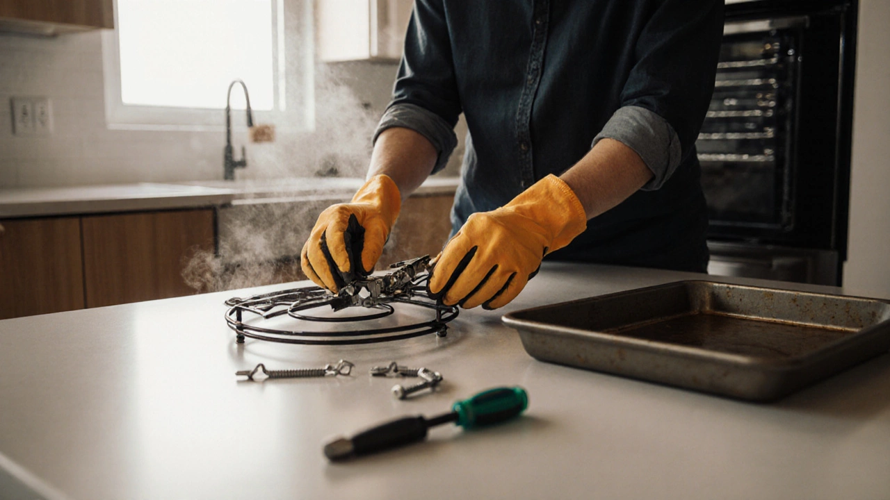 Homeowner installing a new oven element with tools and replacement part nearby.