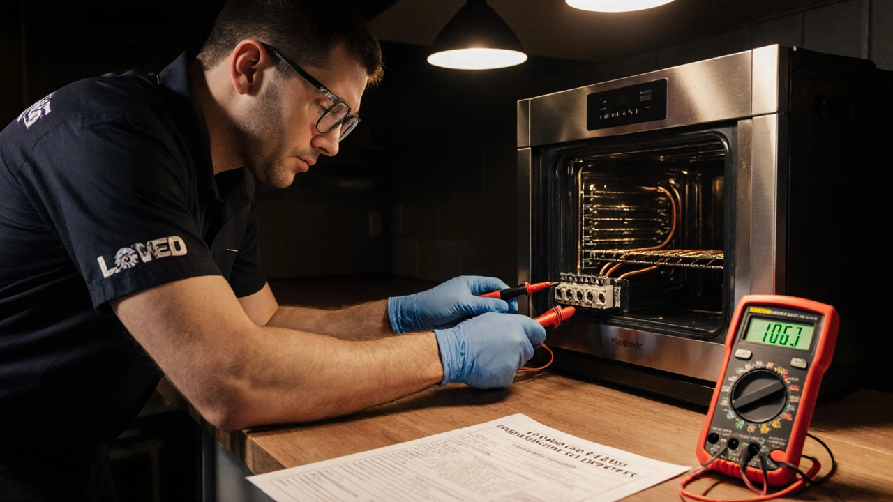 Licensed electrician safely installing a new oven with multimeter showing proper grounding.